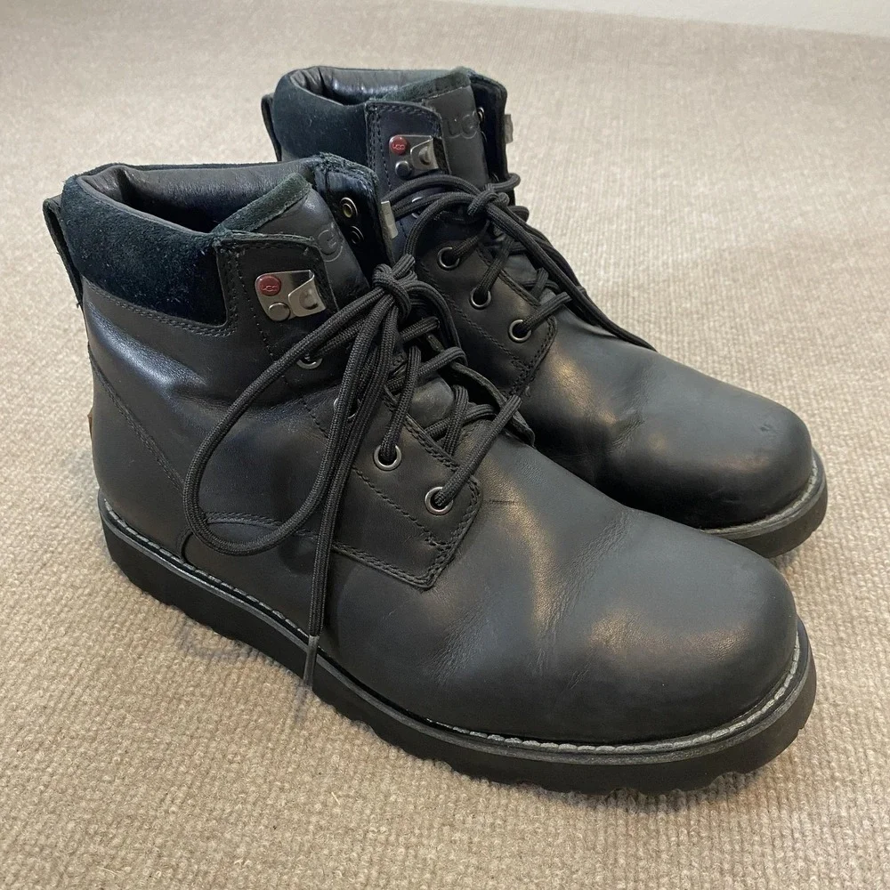 UGG Boots Mens Size 9 Black Leather Waterproof Lined Ankle Snow Winter 1008146